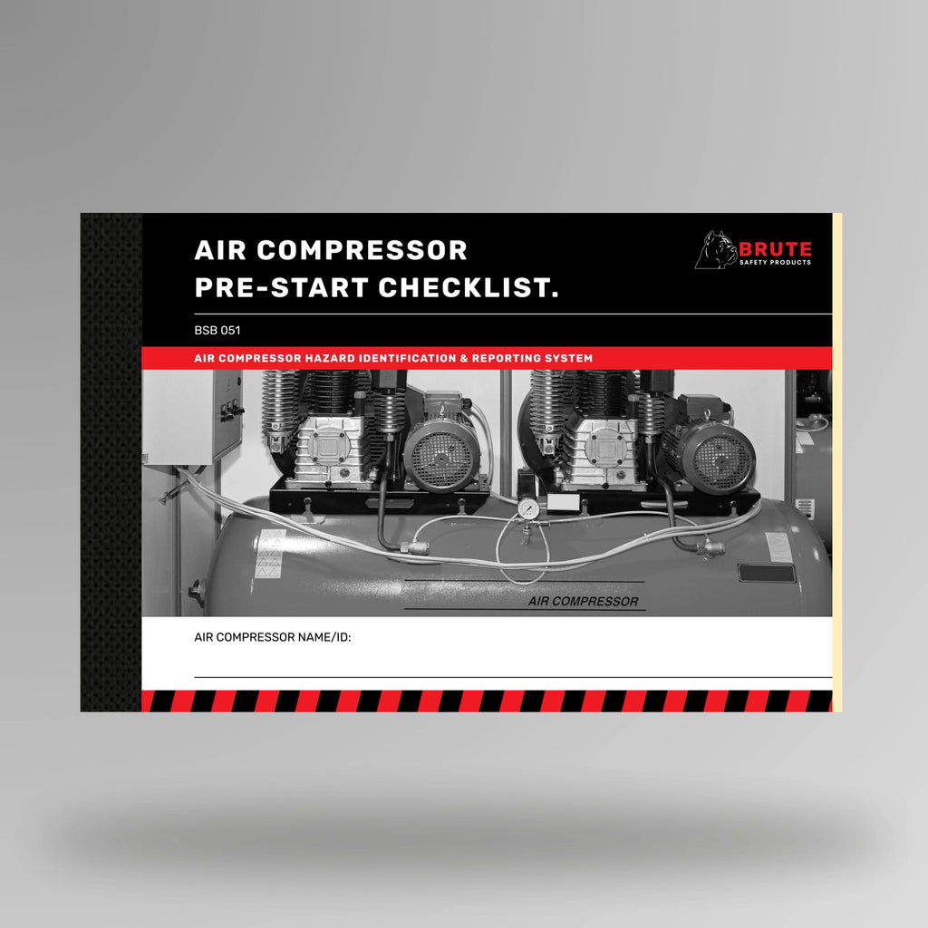 Upright view of BSB 051 Air Compressor Pre Start Checklist book displaying cover title and taped spine binding.