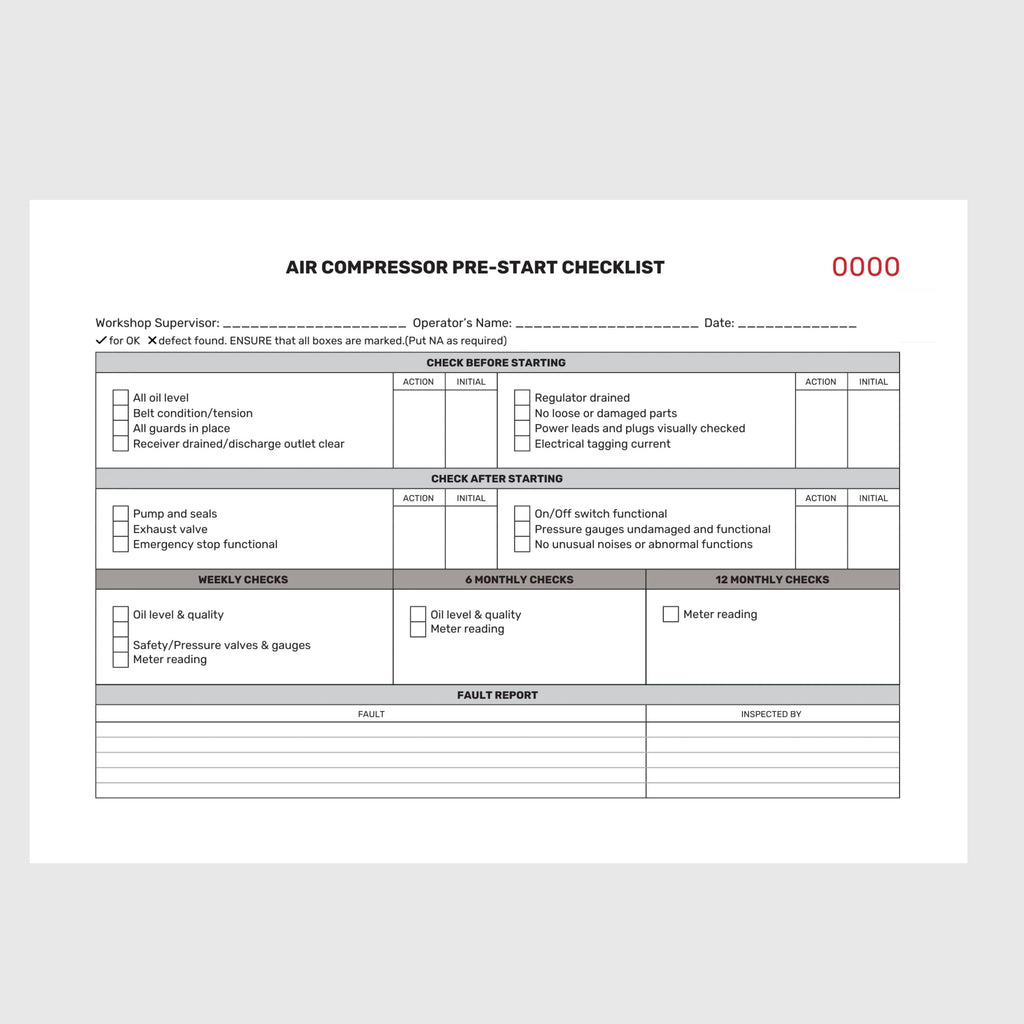 Layflat view of BSB 051 Air Compressor Pre Start Checklist showing open inspection pages, duplicate copy system, and writing shield in position.
