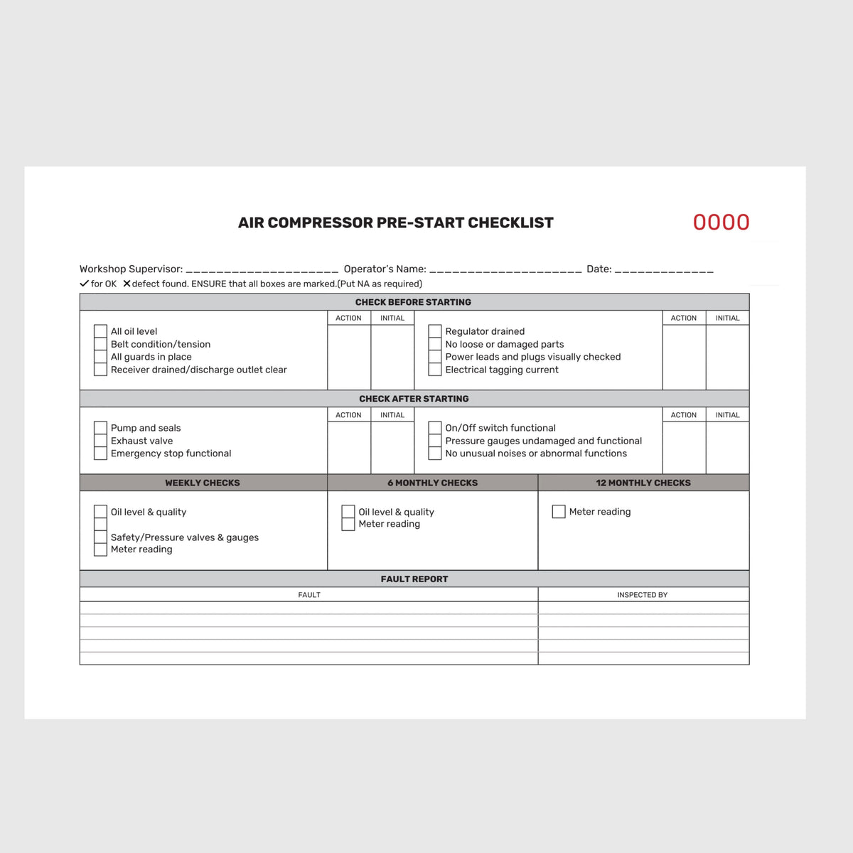 Layflat view of BSB 051 Air Compressor Pre Start Checklist showing open inspection pages, duplicate copy system, and writing shield in position.