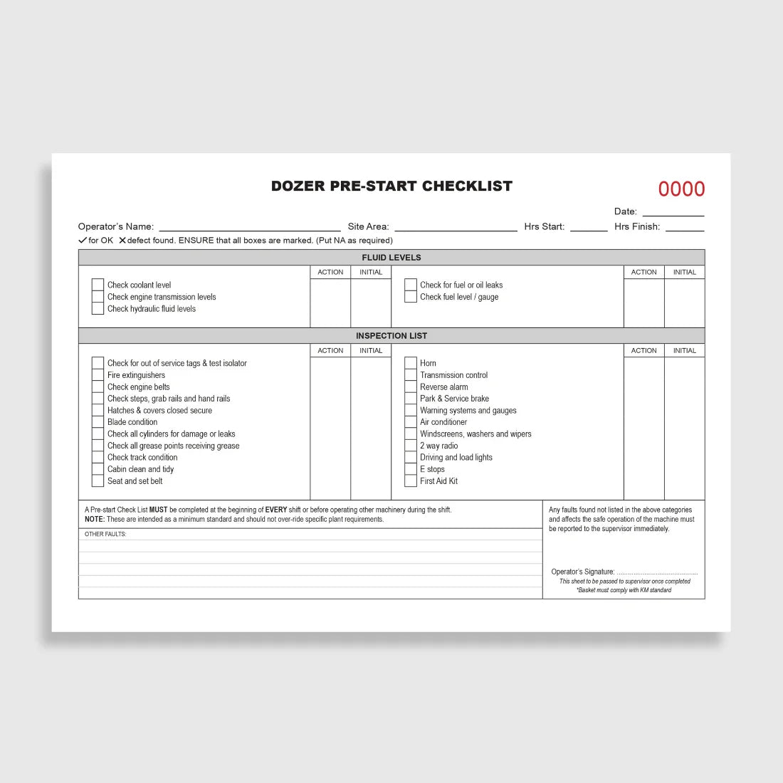 BSB 052 Dozer Pre-Start Checklist opened flat showing duplicate sets with inspection fields for blade, tracks, hydraulics and control systems at 148 x 210 mm size