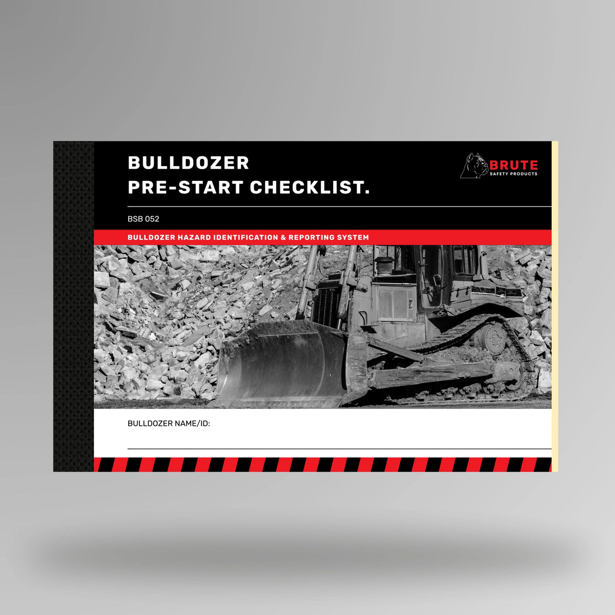 Upright view of BSB 052 Dozer Pre Start Checklist book showing product cover with title and taped spine edge.