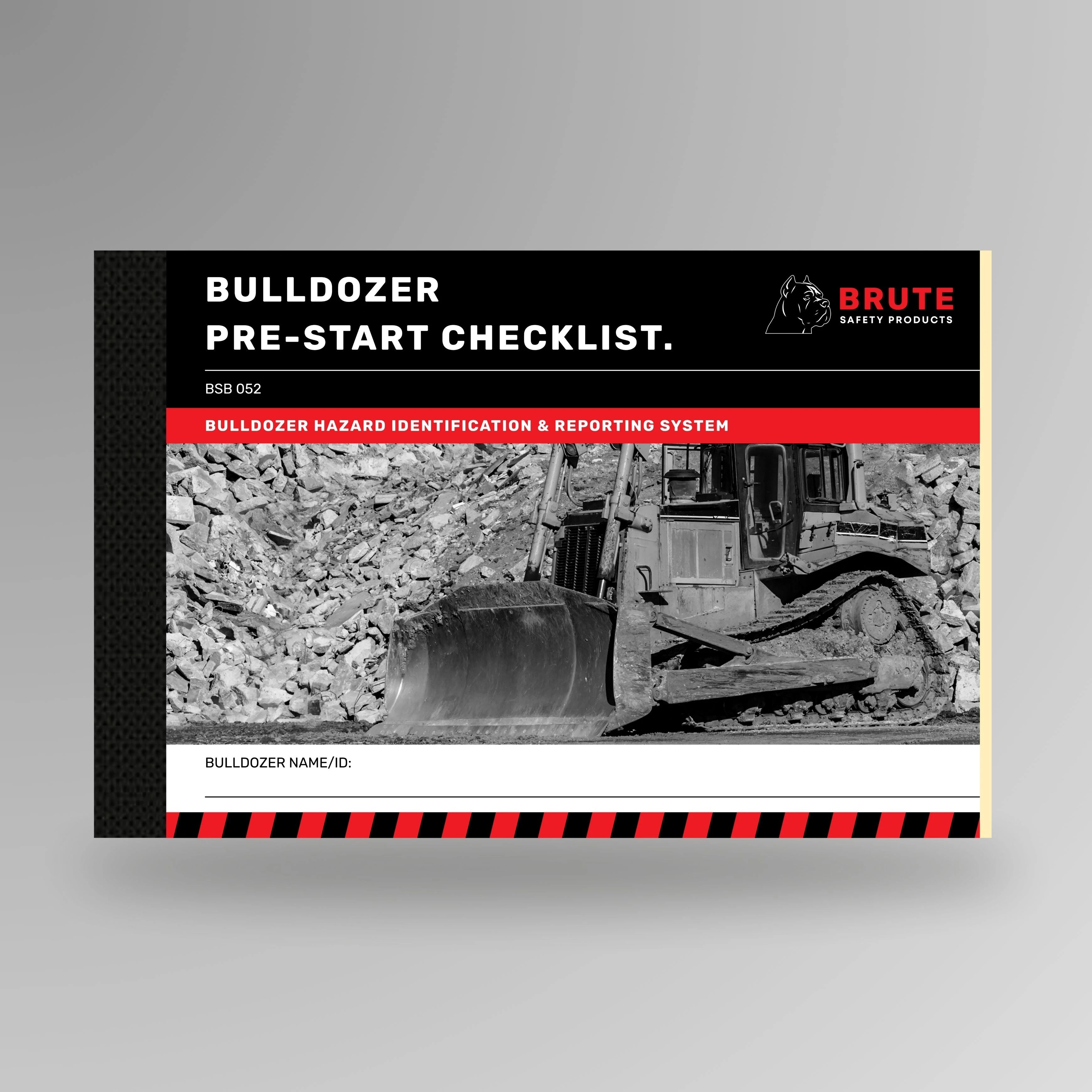 BSB 052 Dozer Pre-Start Checklist book shown upright in blue with Brute Safety Products branding on cover