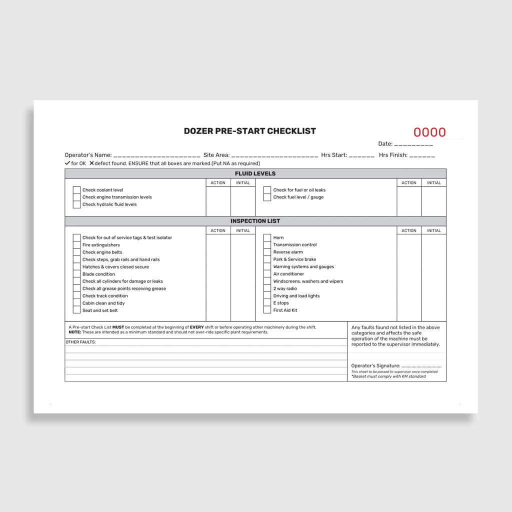 Layflat view of BSB 052 Dozer Pre Start Checklist revealing inspection form layout, duplicate copy beneath, and protective writing shield.
