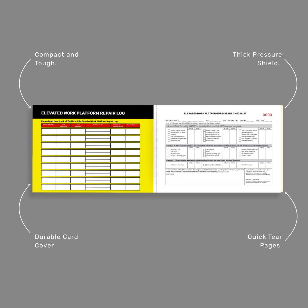 Benefits callout for BSB 053 Elevated Work Platform Pre Start Checklist highlighting 50 duplicate copies, taped spine construction, writing shield protection, and height safety compliance.