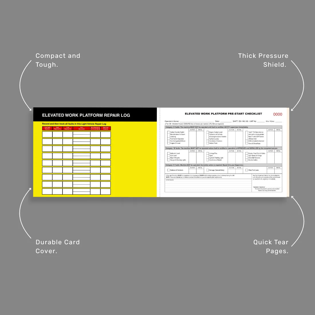 Elevated Work Platform Pre-Start Checklist benefits callout highlighting 50 duplicate sets, writing shield and height safety compliance features