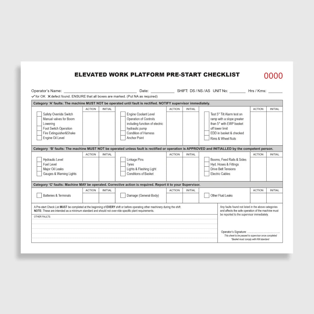 BSB 053 Elevated Work Platform Pre-Start Checklist opened flat showing duplicate sets with inspection fields for controls, hydraulics, emergency systems and stability at 148 x 210 mm size