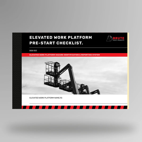 Upright view of BSB 053 Elevated Work Platform Pre Start Checklist book displaying cover and taped spine binding detail.
