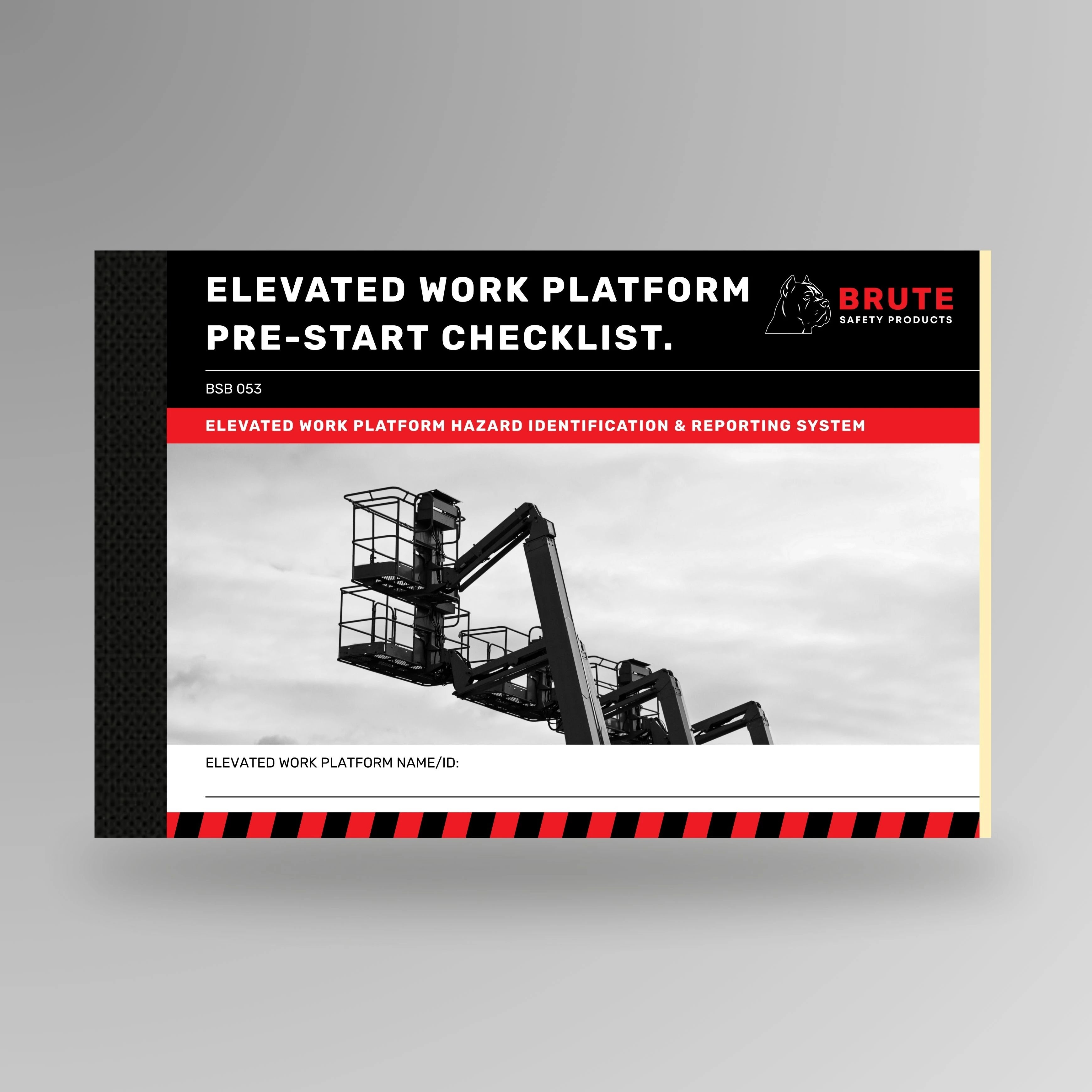 BSB 053 Elevated Work Platform Pre-Start Checklist book shown upright in blue with Brute Safety Products branding on cover