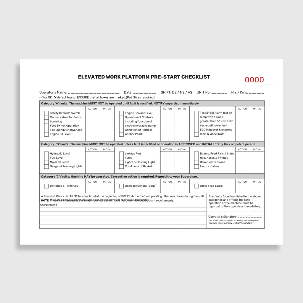 Layflat view of BSB 053 Elevated Work Platform Pre Start Checklist showing checklist pages open with inspection fields, duplicate copy visible, and writing shield in place.