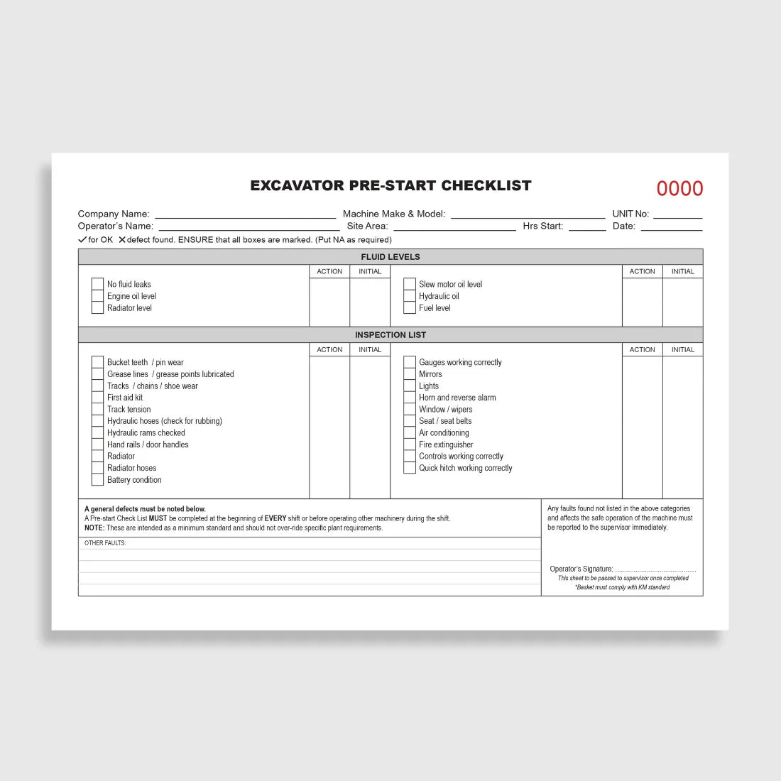 BSB 054 Excavator Pre-Start Checklist opened flat showing duplicate sets with inspection fields for hydraulics, tracks, boom and bucket systems at 148 x 210 mm size