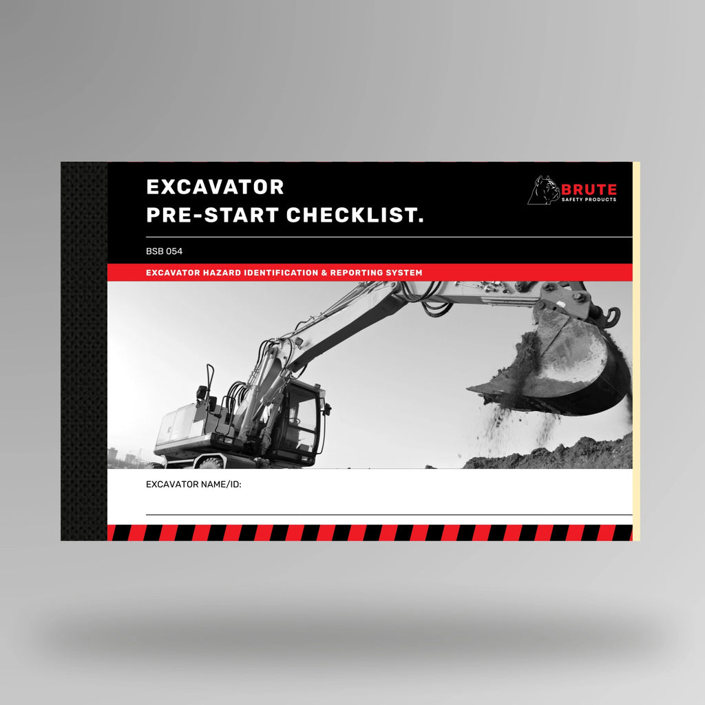 Upright view of BSB 054 Excavator Pre Start Checklist book showing product title on cover with taped spine.
