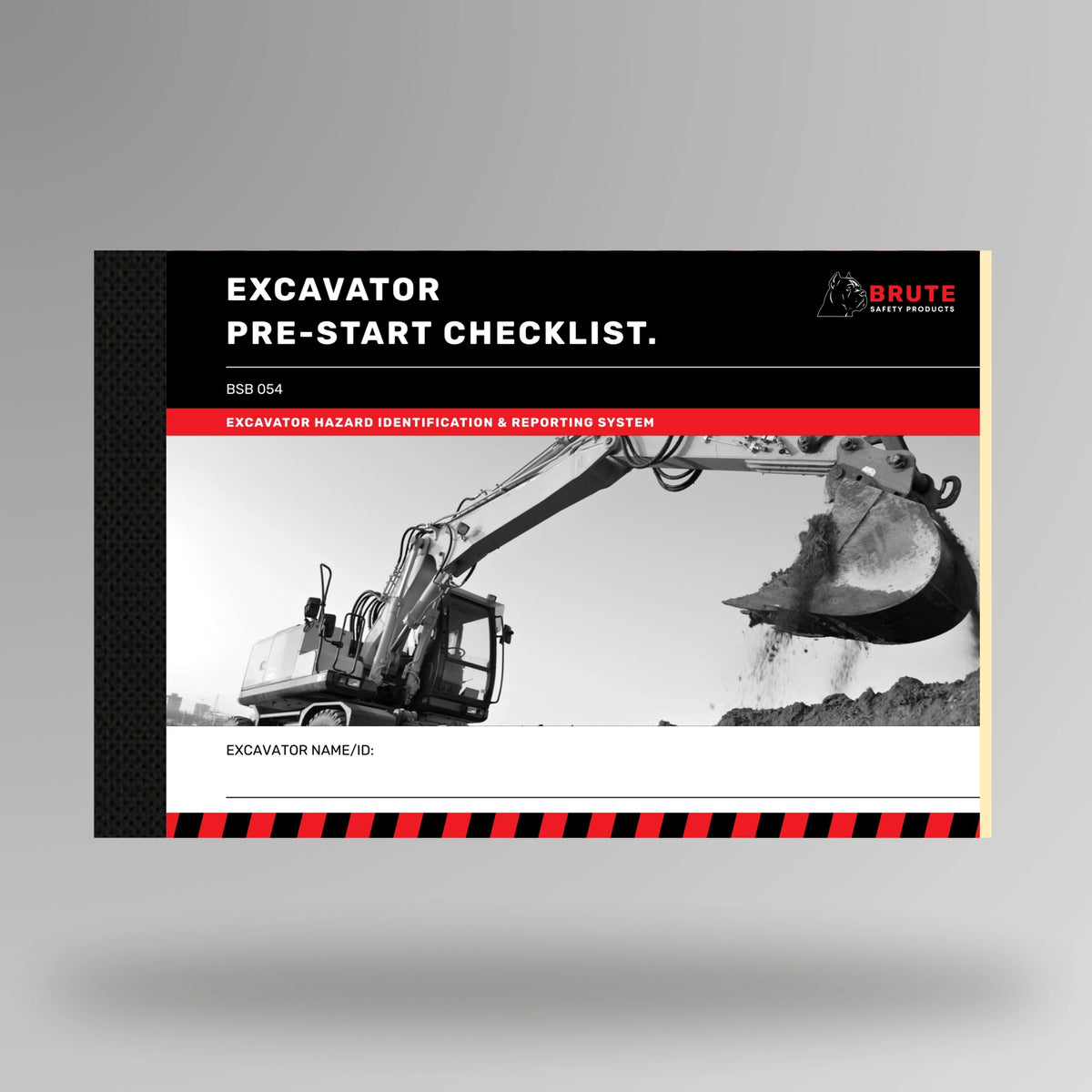 Upright view of BSB 054 Excavator Pre Start Checklist book showing product title on cover with taped spine.