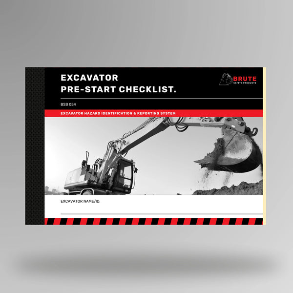 Upright view of BSB 054 Excavator Pre Start Checklist book showing product title on cover with taped spine.