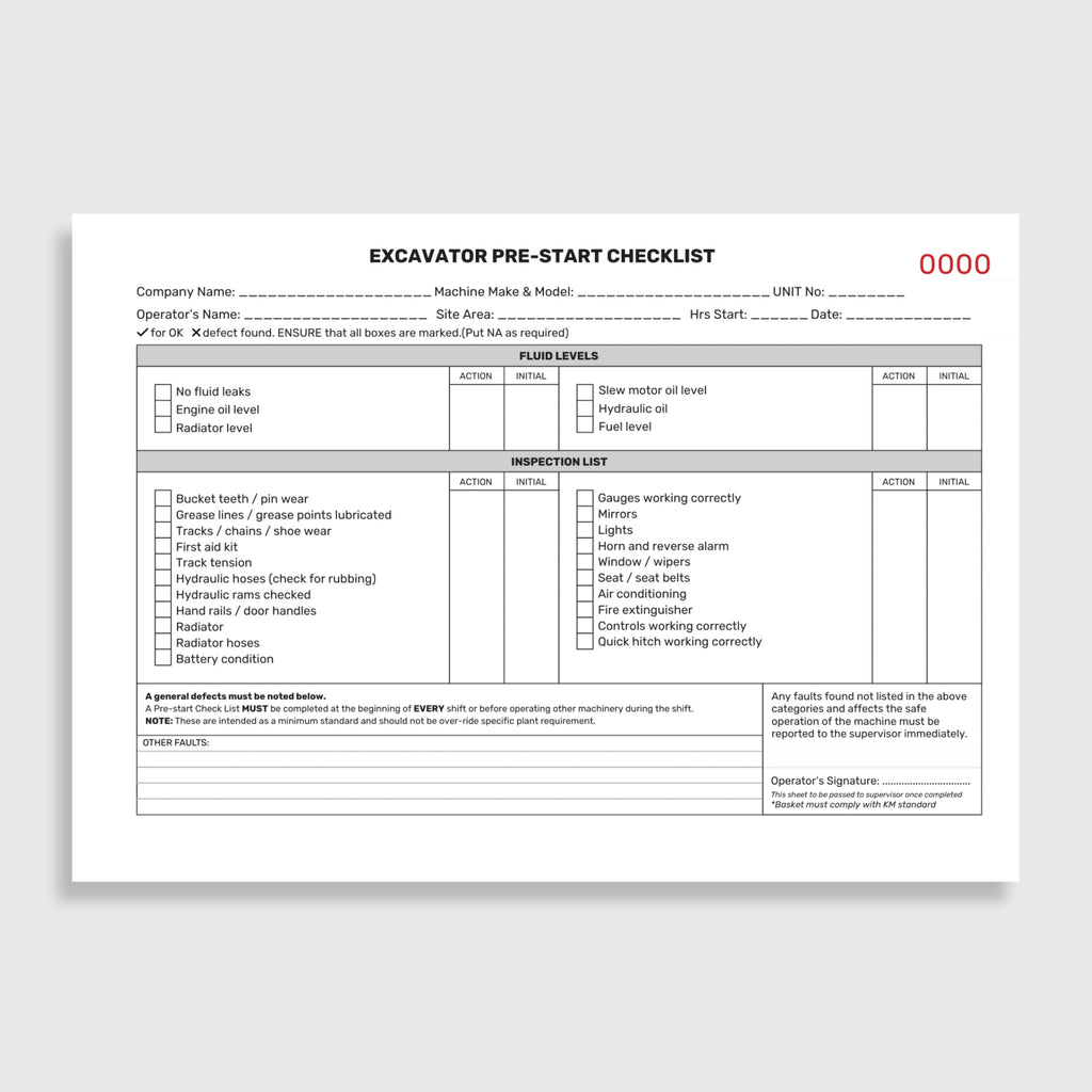Layflat view of BSB 054 Excavator Pre Start Checklist displaying open inspection pages, duplicate copy system, and writing shield positioned over forms.