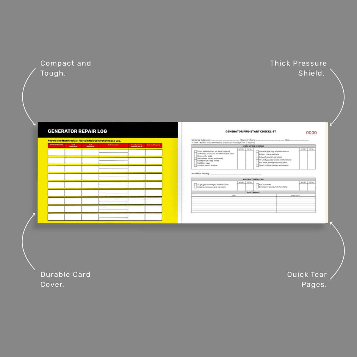 Benefits callout for BSB 055 Generator Pre Start Checklist emphasising 50 duplicate copies, taped spine durability, writing shield, and power equipment safety compliance.