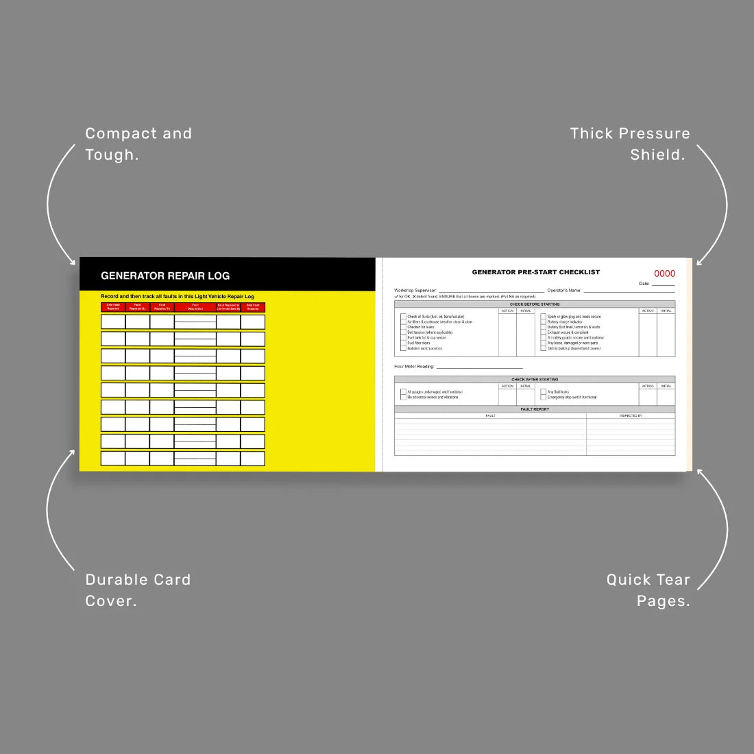 Generator Pre-Start Checklist benefits callout highlighting 50 duplicate sets, writing shield and power equipment safety inspection features