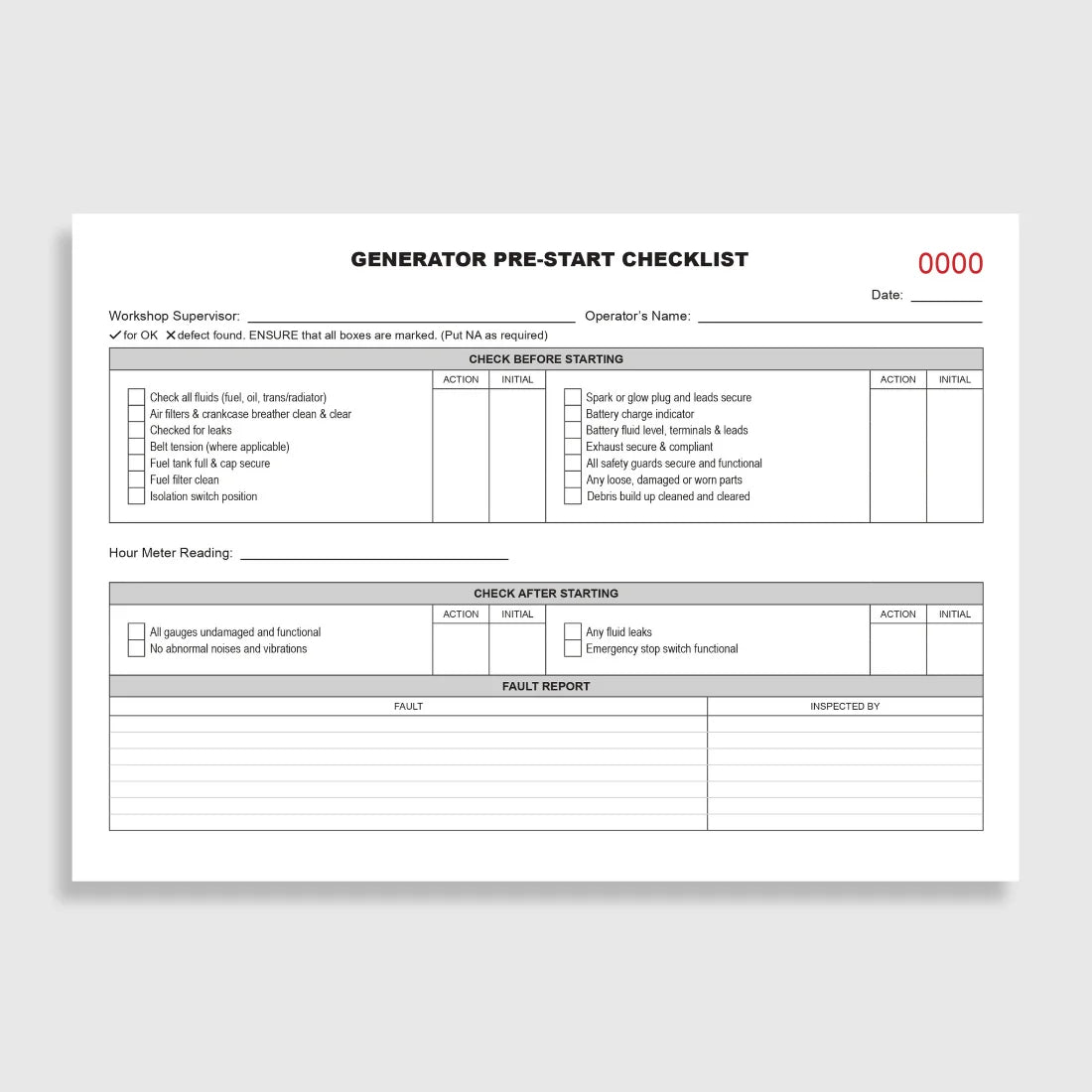 BSB 055 Generator Pre-Start Checklist opened flat showing duplicate sets with inspection fields for fuel, oil, battery and cooling systems at 148 x 210 mm size