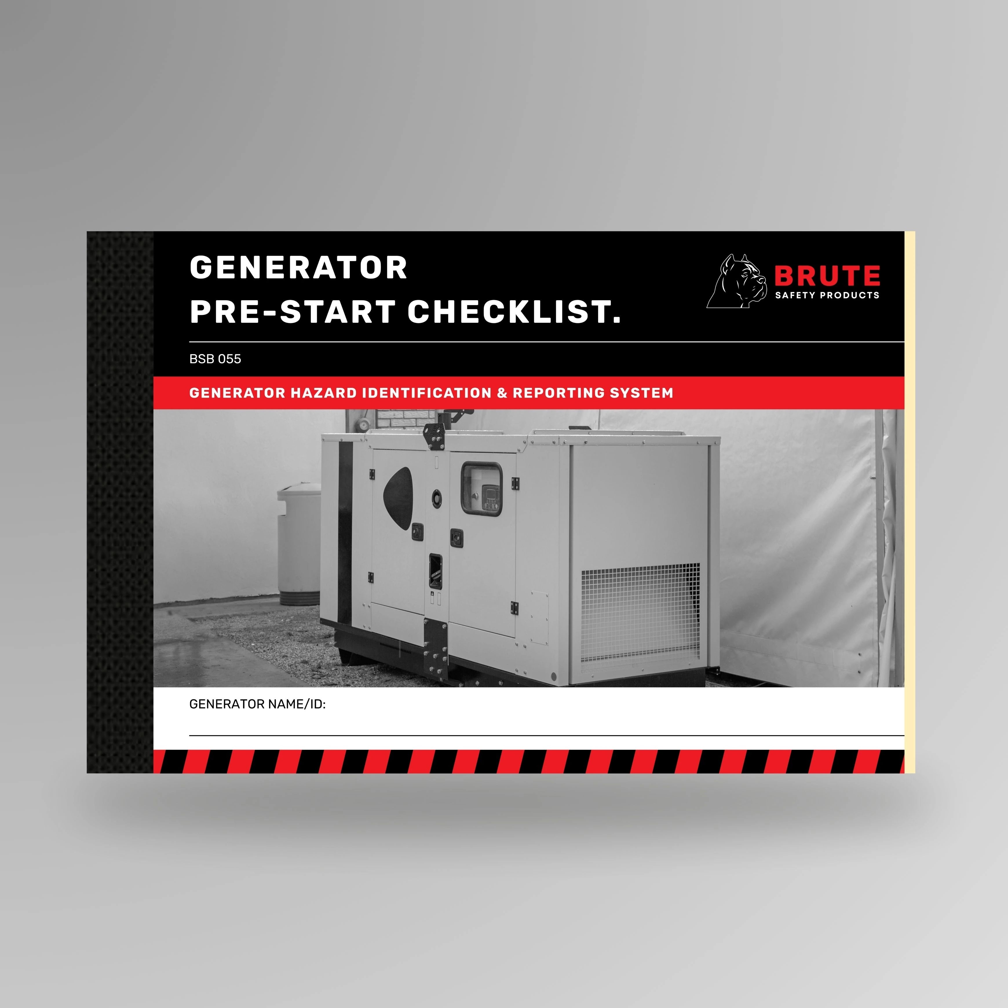 BSB 055 Generator Pre-Start Checklist book shown upright in blue with Brute Safety Products branding on cover