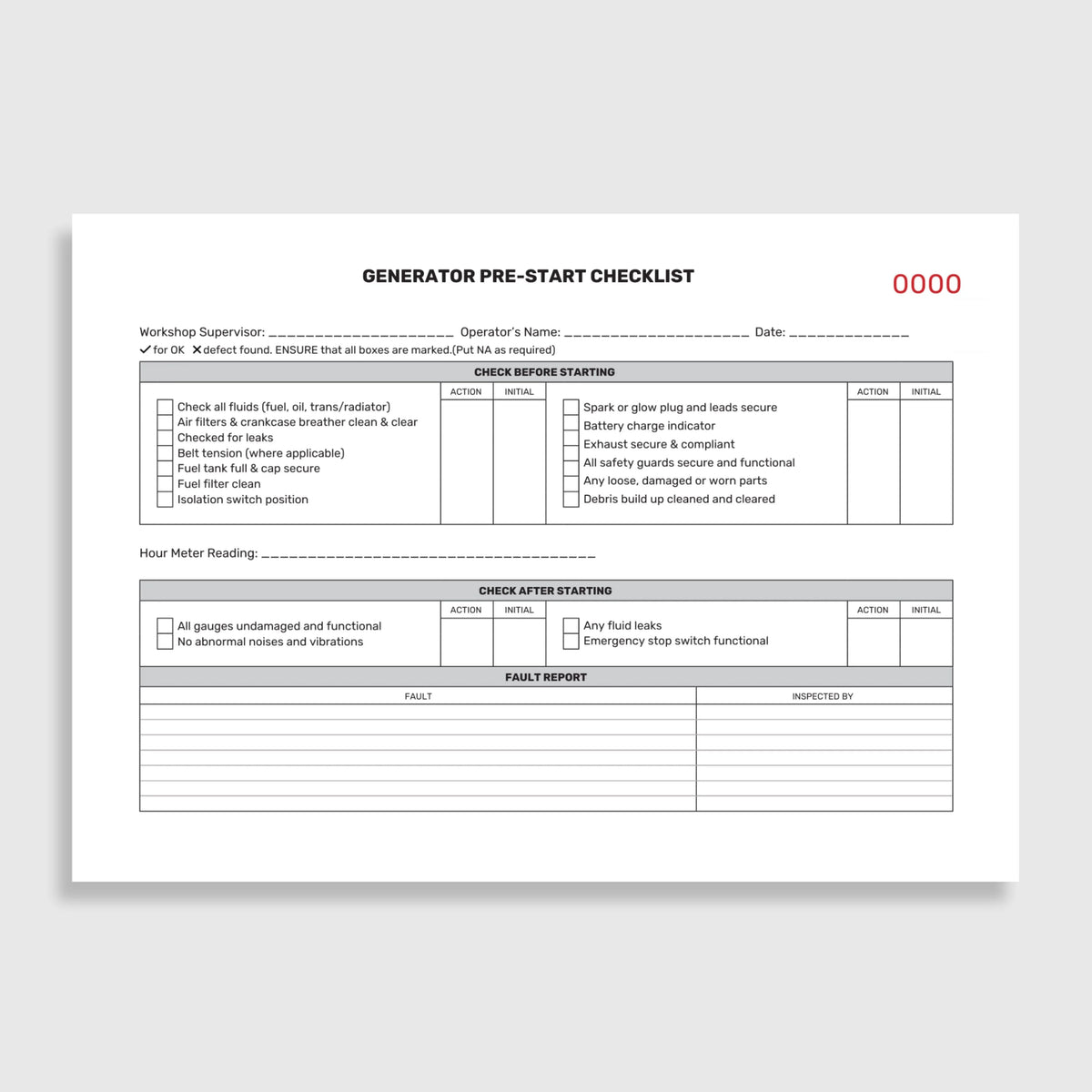 Layflat view of BSB 055 Generator Pre Start Checklist revealing inspection form fields, duplicate copy beneath, and protective writing shield in use.