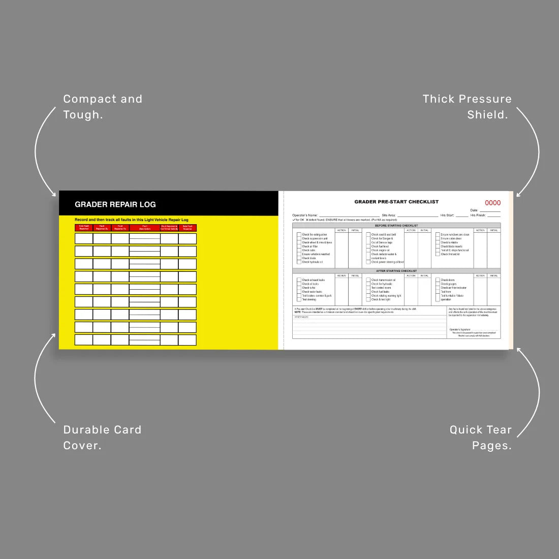 Grader Pre-Start Checklist benefits callout highlighting 50 duplicate sets, writing shield and road grading equipment inspection features
