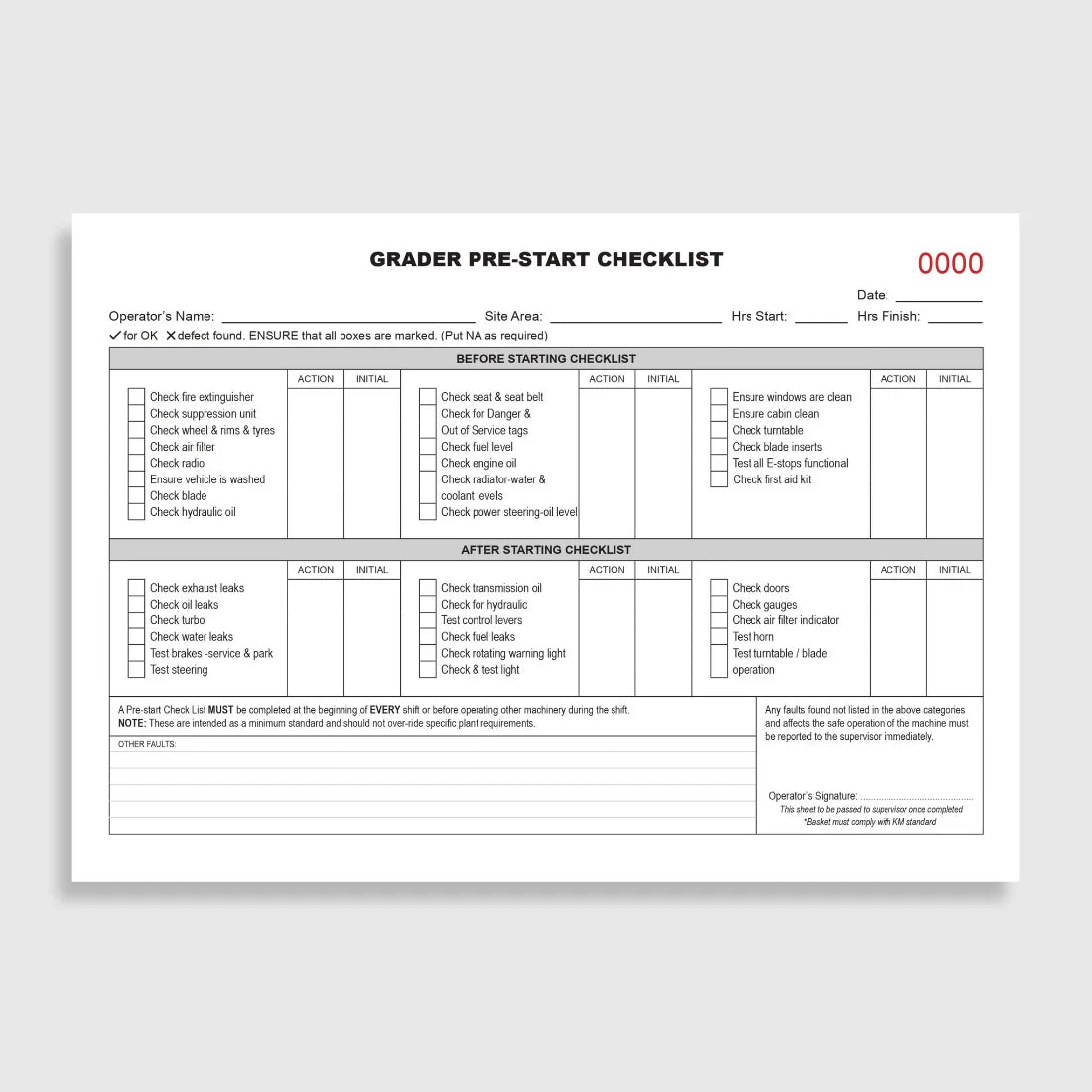 BSB 056 Grader Pre-Start Checklist opened flat showing duplicate sets with inspection fields for blade controls, hydraulics, tyres and steering systems at 148 x 210 mm size