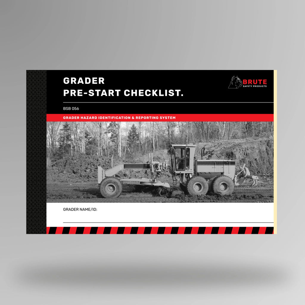 Upright view of BSB 056 Grader Pre Start Checklist book displaying cover title and taped spine construction.
