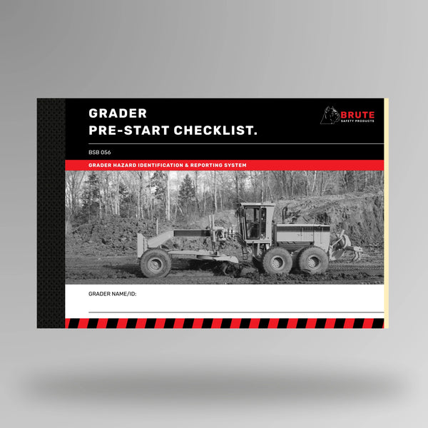Upright view of BSB 056 Grader Pre Start Checklist book displaying cover title and taped spine construction.