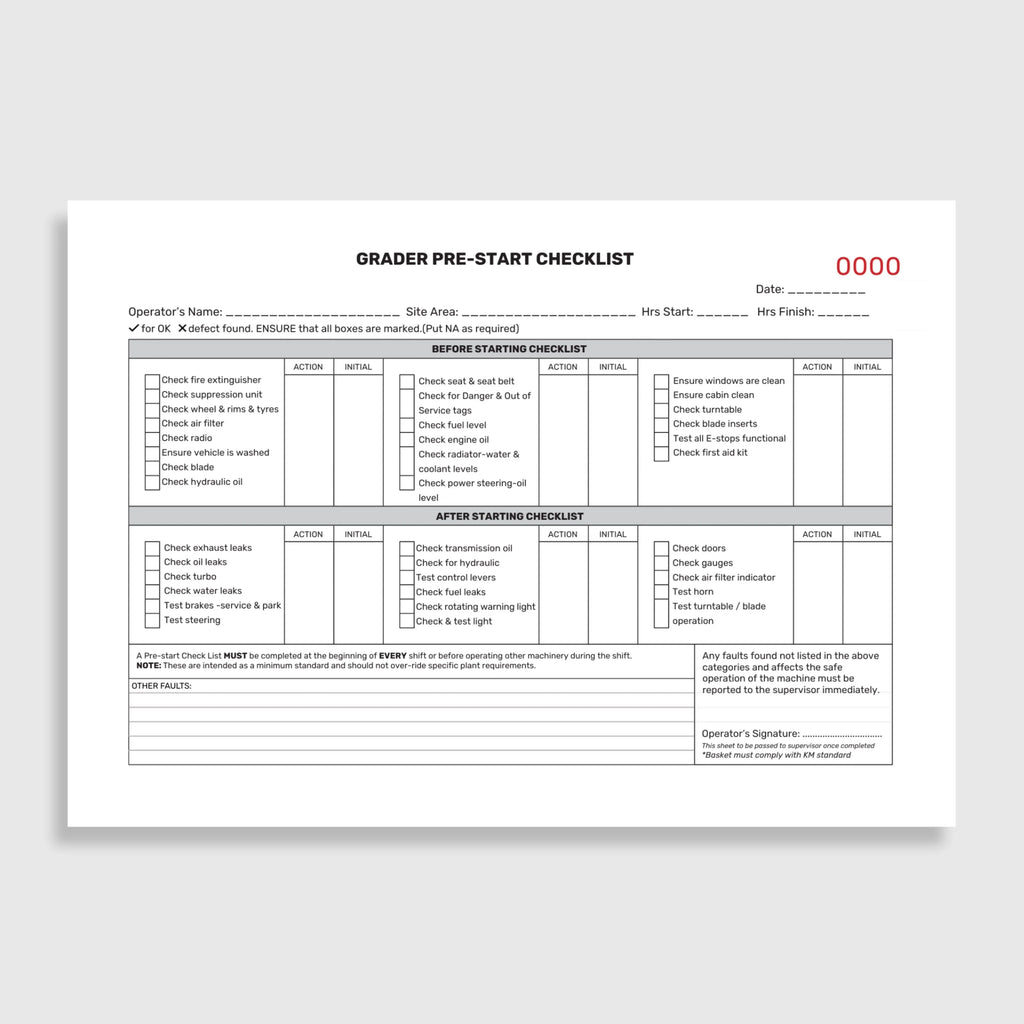 Layflat view of BSB 056 Grader Pre Start Checklist showing open checklist pages, duplicate copy system, and writing shield in position.
