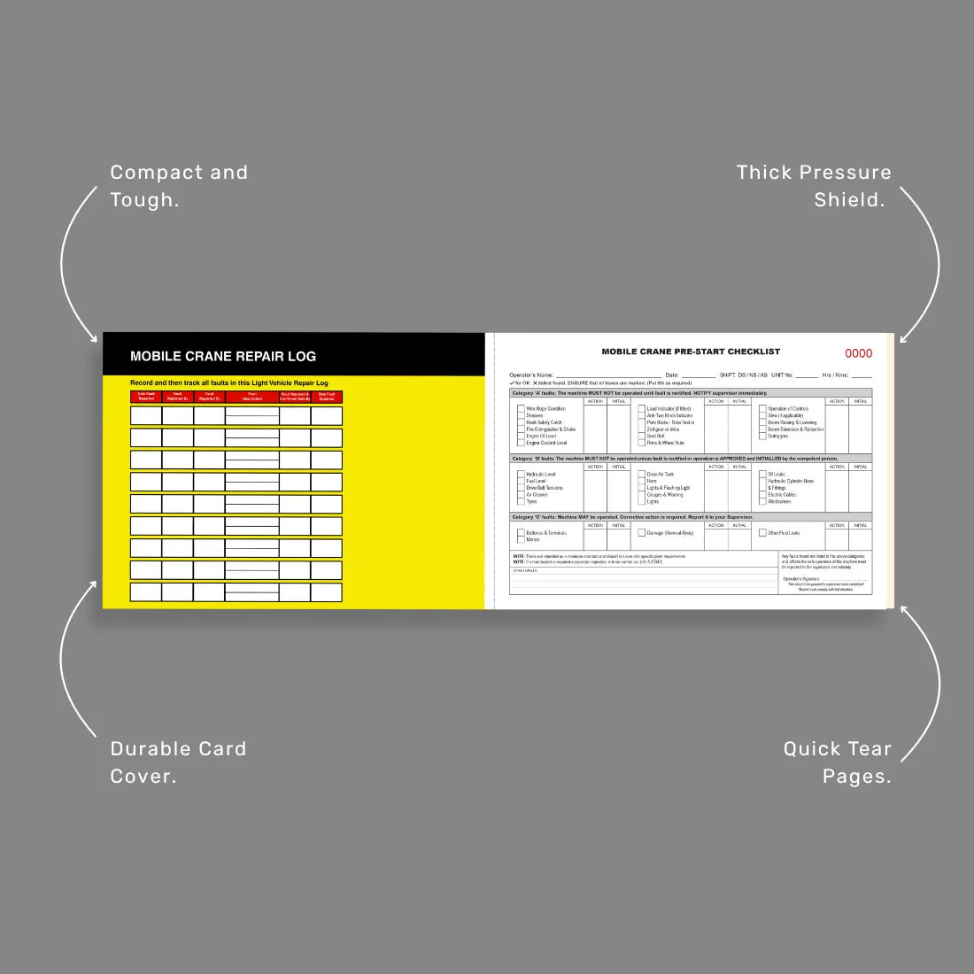 Mobile Crane Pre-Start Checklist benefits callout highlighting 50 duplicate sets, writing shield and lifting operation safety inspection features
