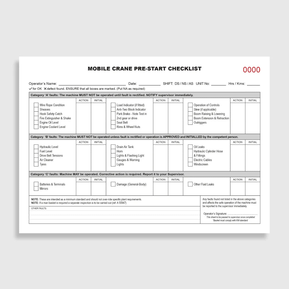 BSB 057 Mobile Crane Pre-Start Checklist opened flat showing duplicate sets with inspection fields for boom, hydraulics, outriggers and wire ropes at 148 x 210 mm size