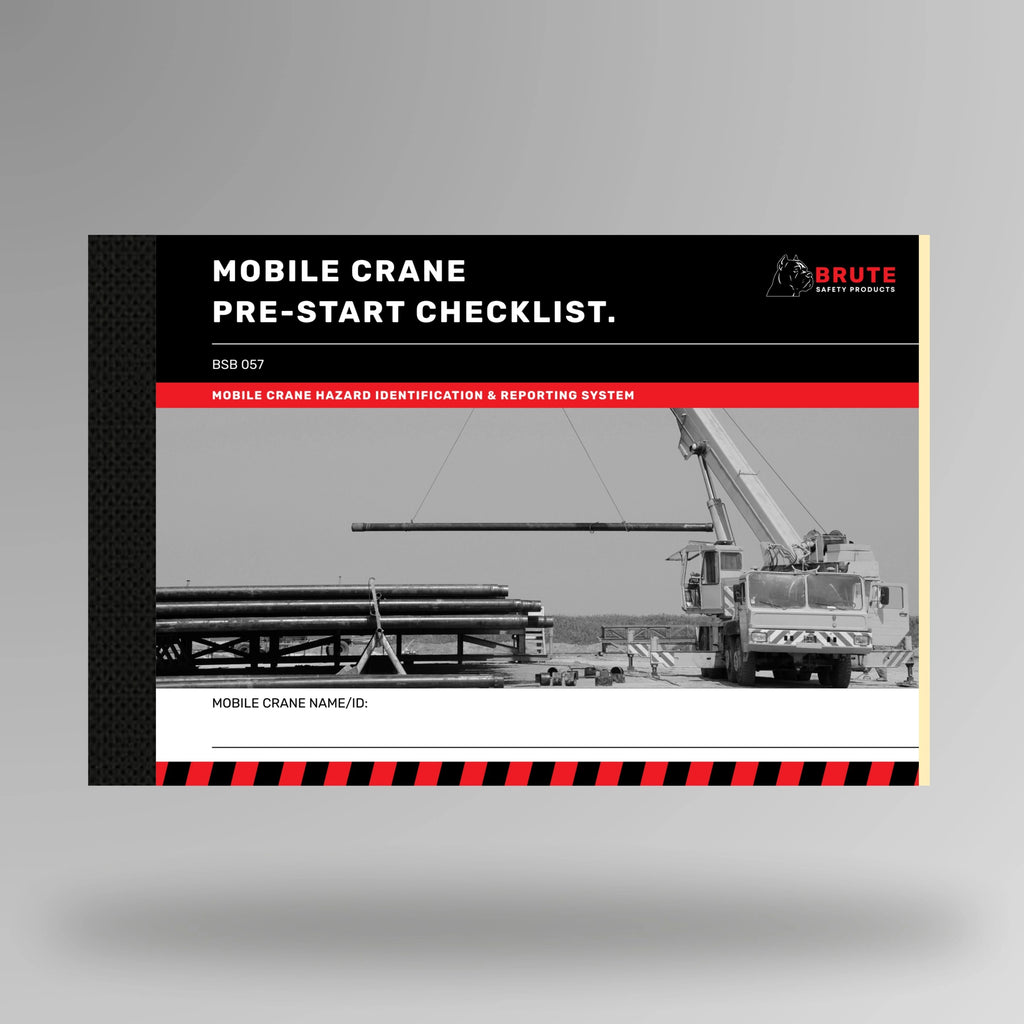Upright view of BSB 057 Mobile Crane Pre Start Checklist book showing product cover with title and taped spine binding.