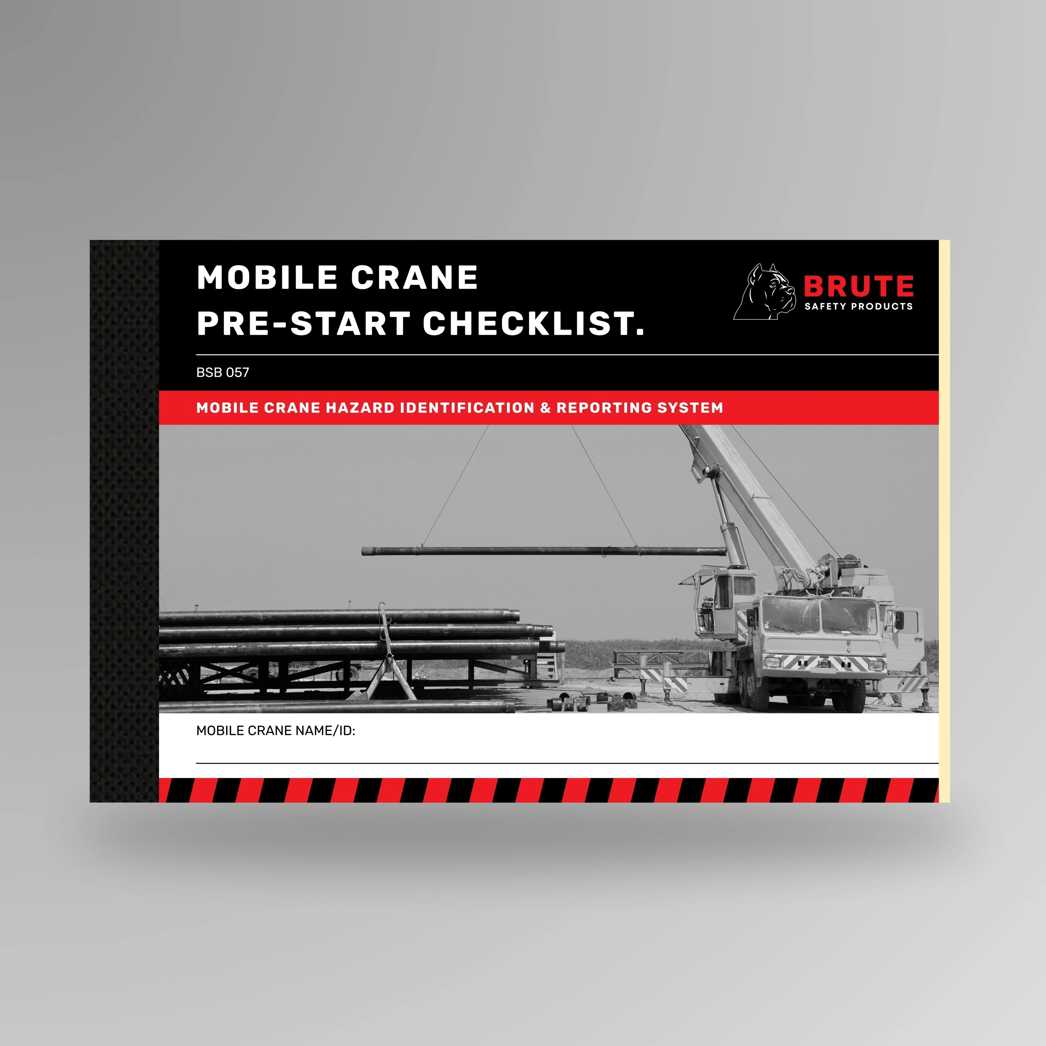 BSB 057 Mobile Crane Pre-Start Checklist book shown upright in blue with Brute Safety Products branding on cover