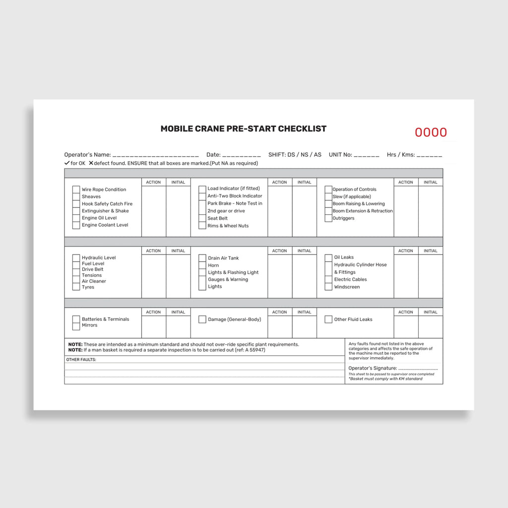 Layflat view of BSB 057 Mobile Crane Pre Start Checklist revealing inspection pages open, duplicate copy visible, and writing shield in place.