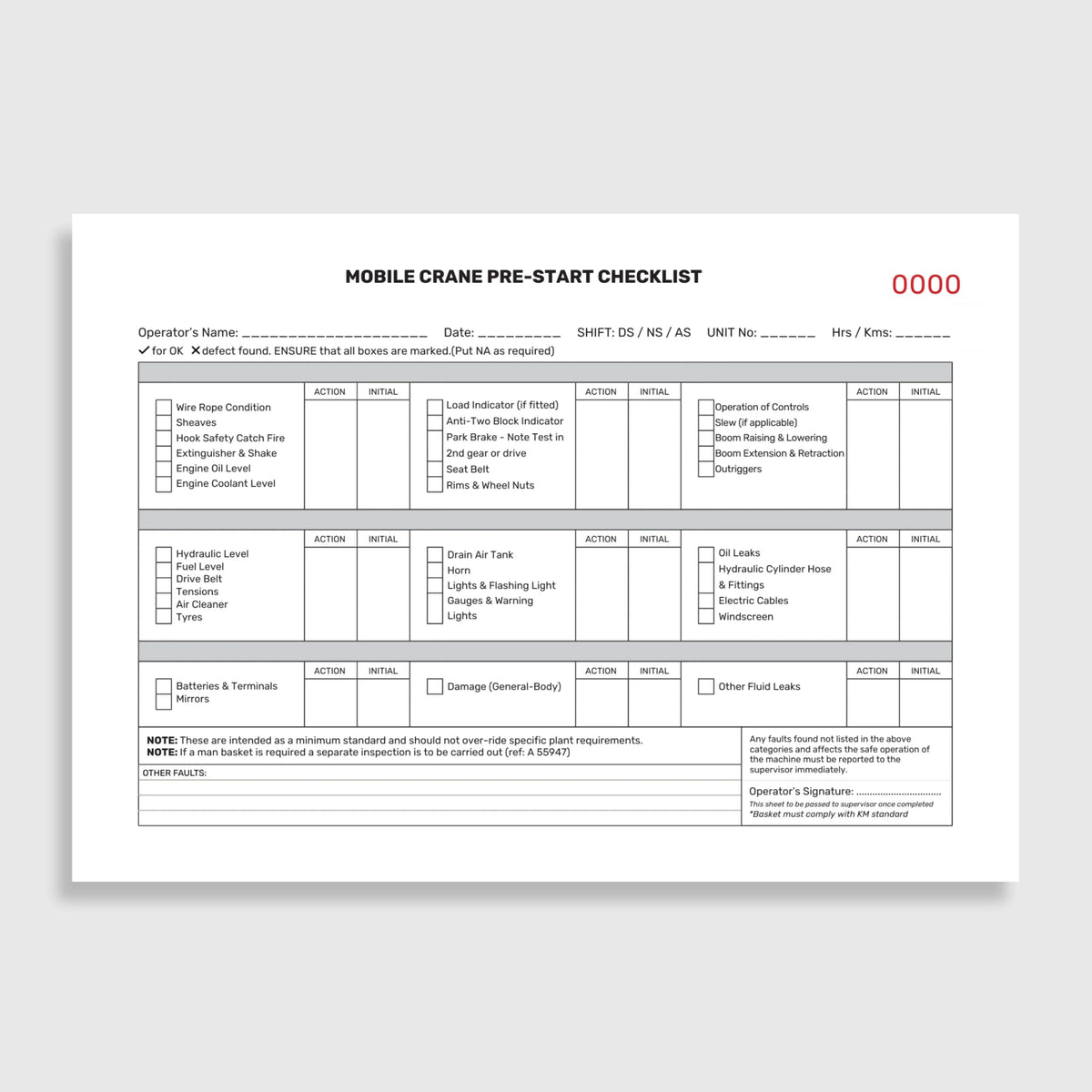 Layflat view of BSB 057 Mobile Crane Pre Start Checklist revealing inspection pages open, duplicate copy visible, and writing shield in place.