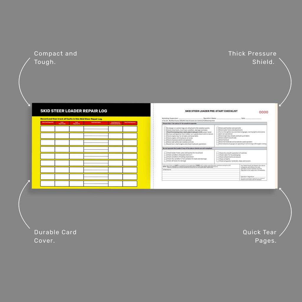 Benefits callout for BSB 058 Skid Steer Loader Pre Start Checklist emphasising 50 duplicate copies, taped spine binding, writing shield, and compact equipment safety compliance.