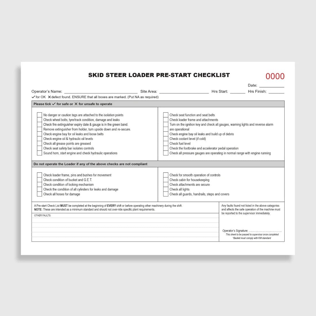 Skid Steer Loader Pre-Start Checklist benefits callout highlighting 50 duplicate sets, writing shield and compact loader equipment inspection features
