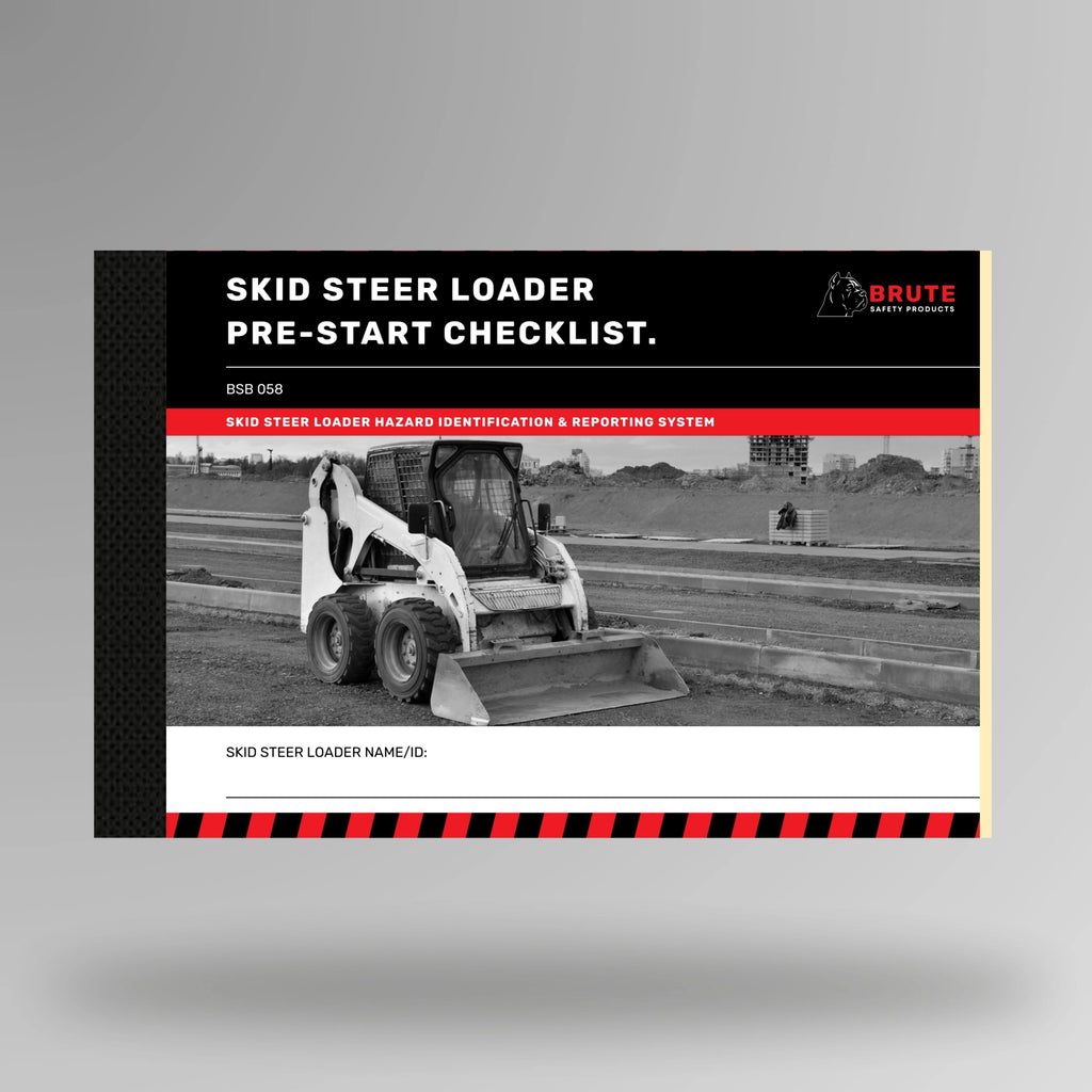 Upright view of BSB 058 Skid Steer Loader Pre Start Checklist book displaying cover and taped spine edge detail.
