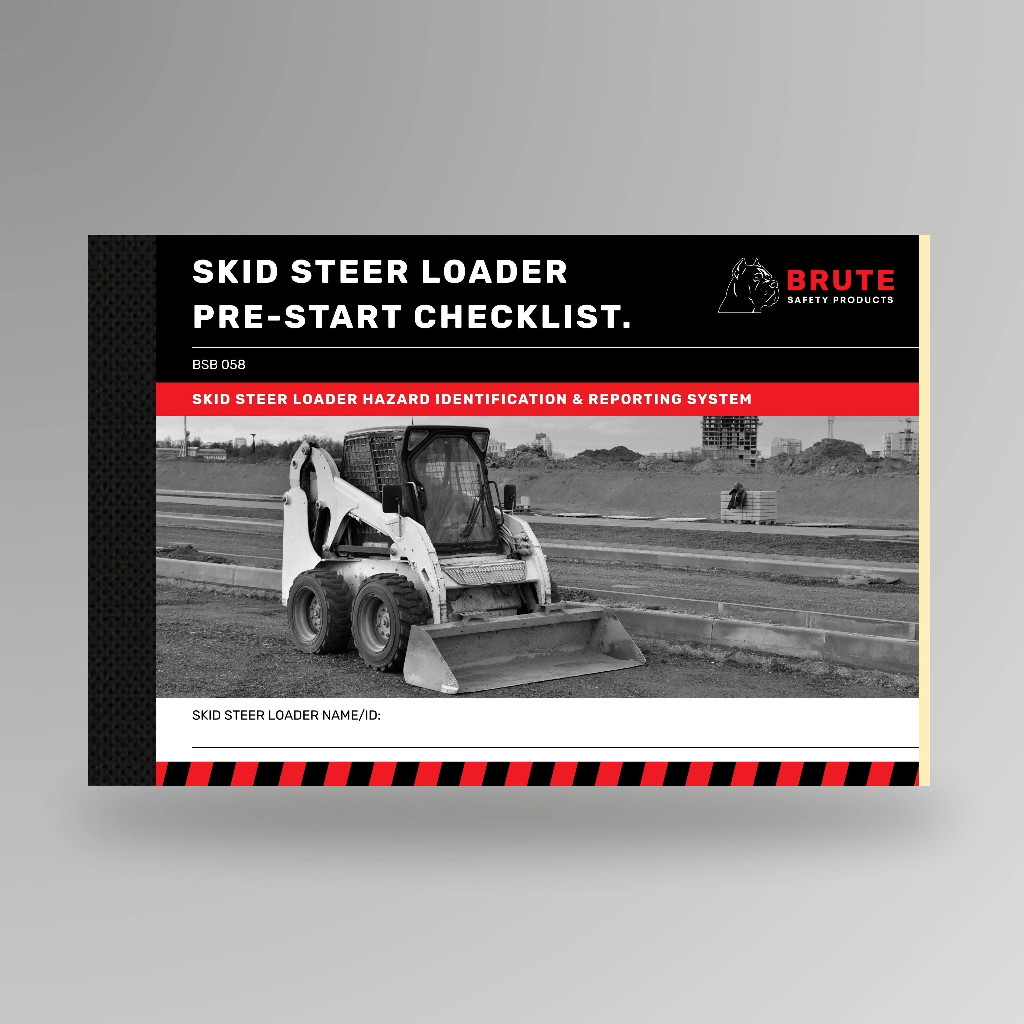 BSB 058 Skid Steer Loader Pre-Start Checklist book shown upright in blue with Brute Safety Products branding on cover