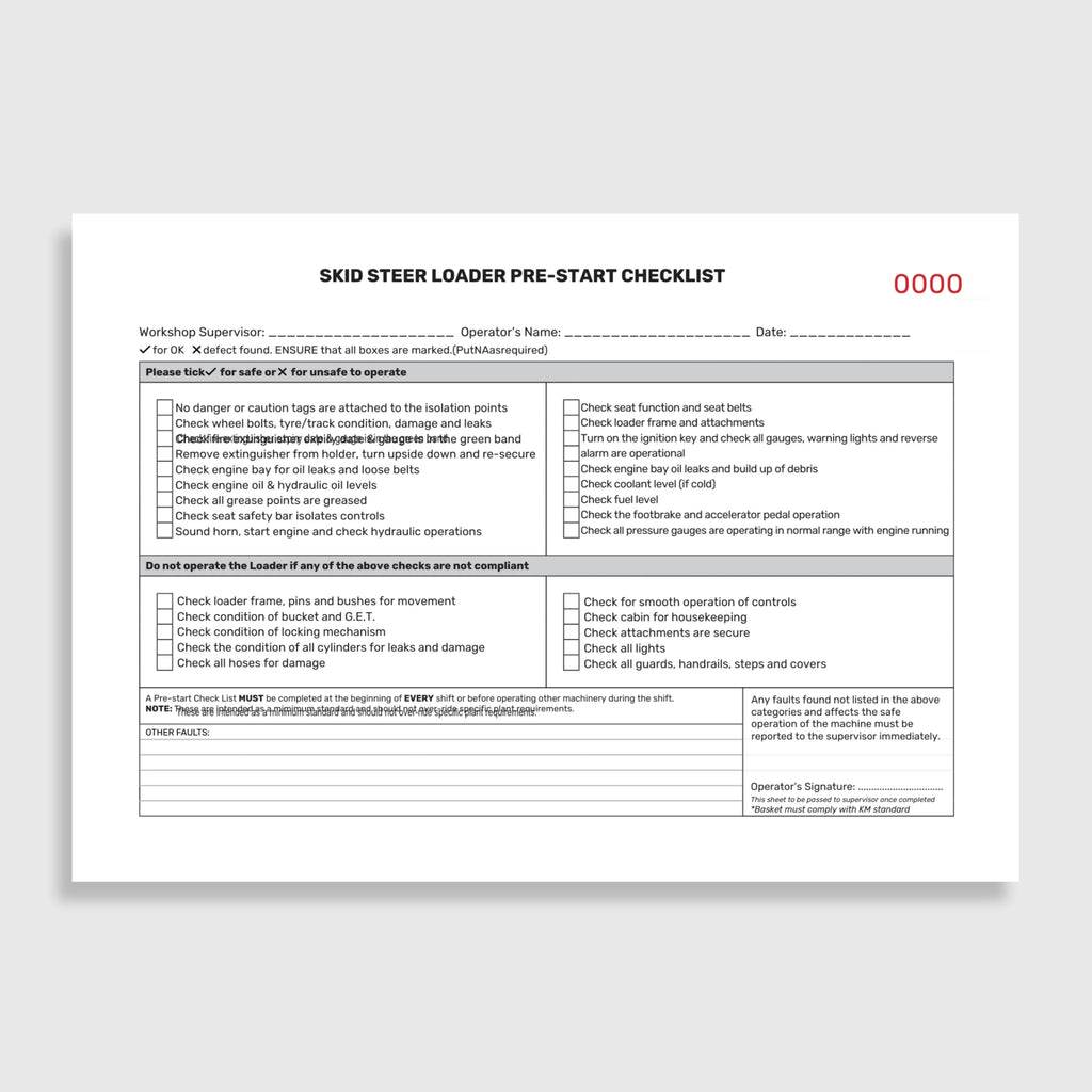 Layflat view of BSB 058 Skid Steer Loader Pre Start Checklist showing inspection form layout, duplicate copy beneath, and protective writing shield.