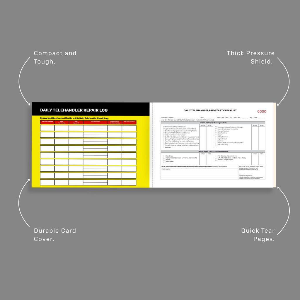 Benefits callout for BSB 059 Telehandler Pre Start Checklist featuring 50 duplicate copies, taped spine durability, writing shield, and material handling compliance.