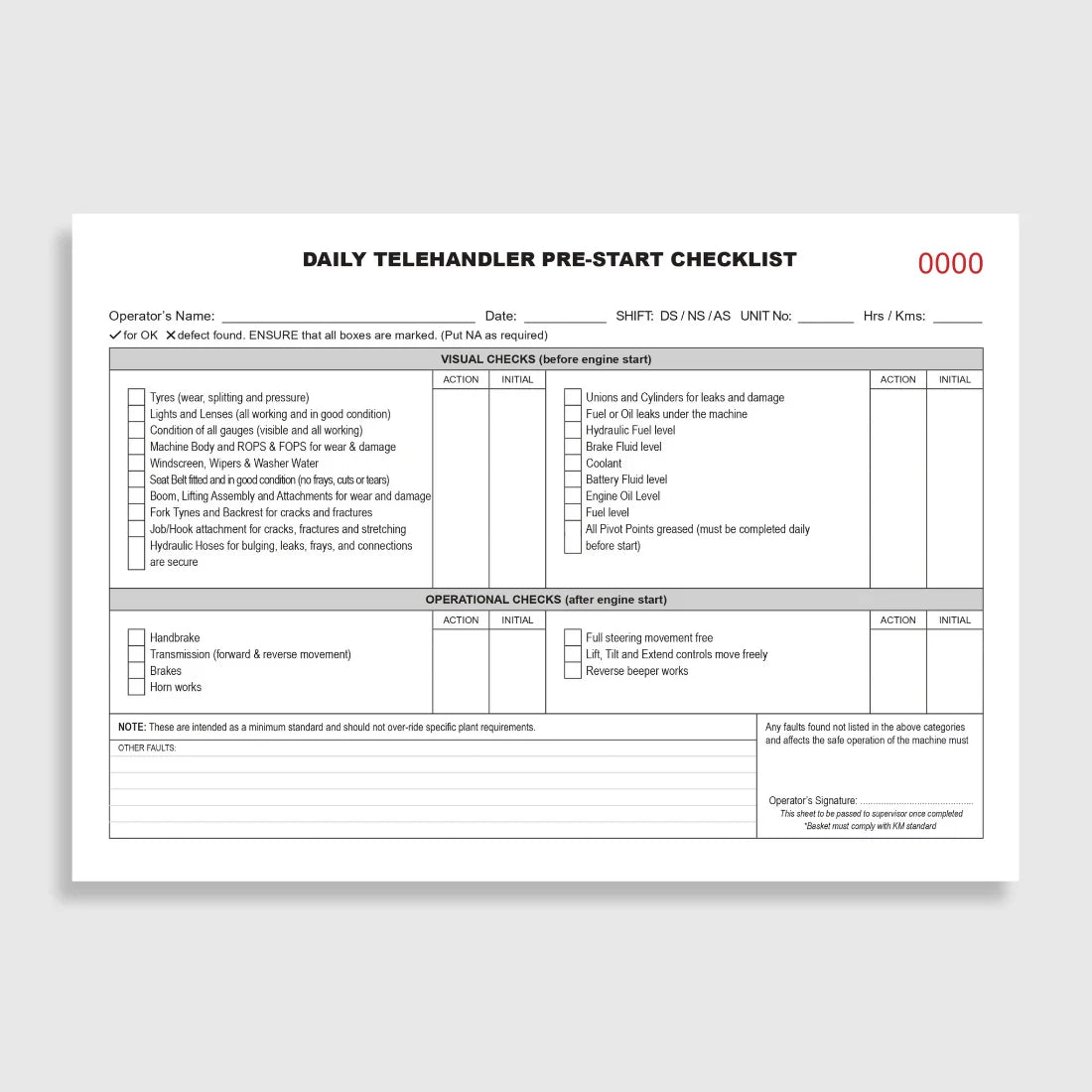 BSB 059 Telehandler Pre-Start Checklist opened flat showing duplicate sets with inspection fields for boom, hydraulics, load capacity and stability systems at 148 x 210 mm size