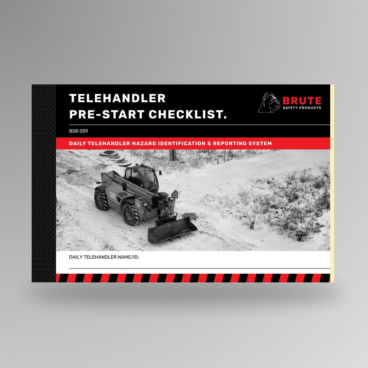 Upright view of BSB 059 Telehandler Pre Start Checklist book showing product title on cover with taped spine.