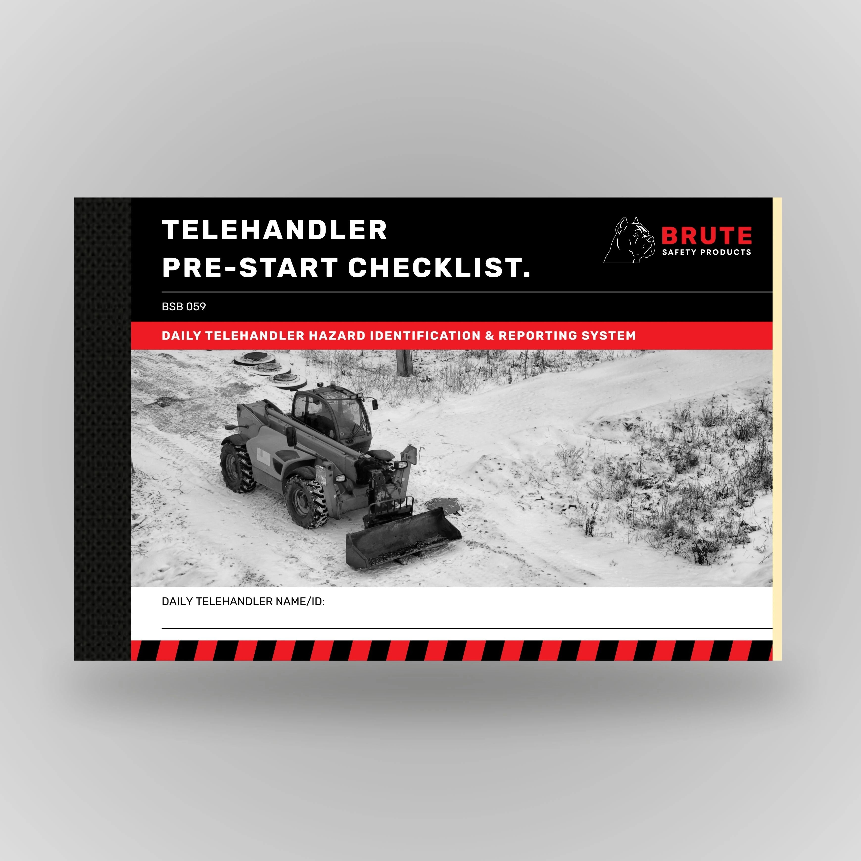 BSB 059 Telehandler Pre-Start Checklist book shown upright in blue with Brute Safety Products branding on cover