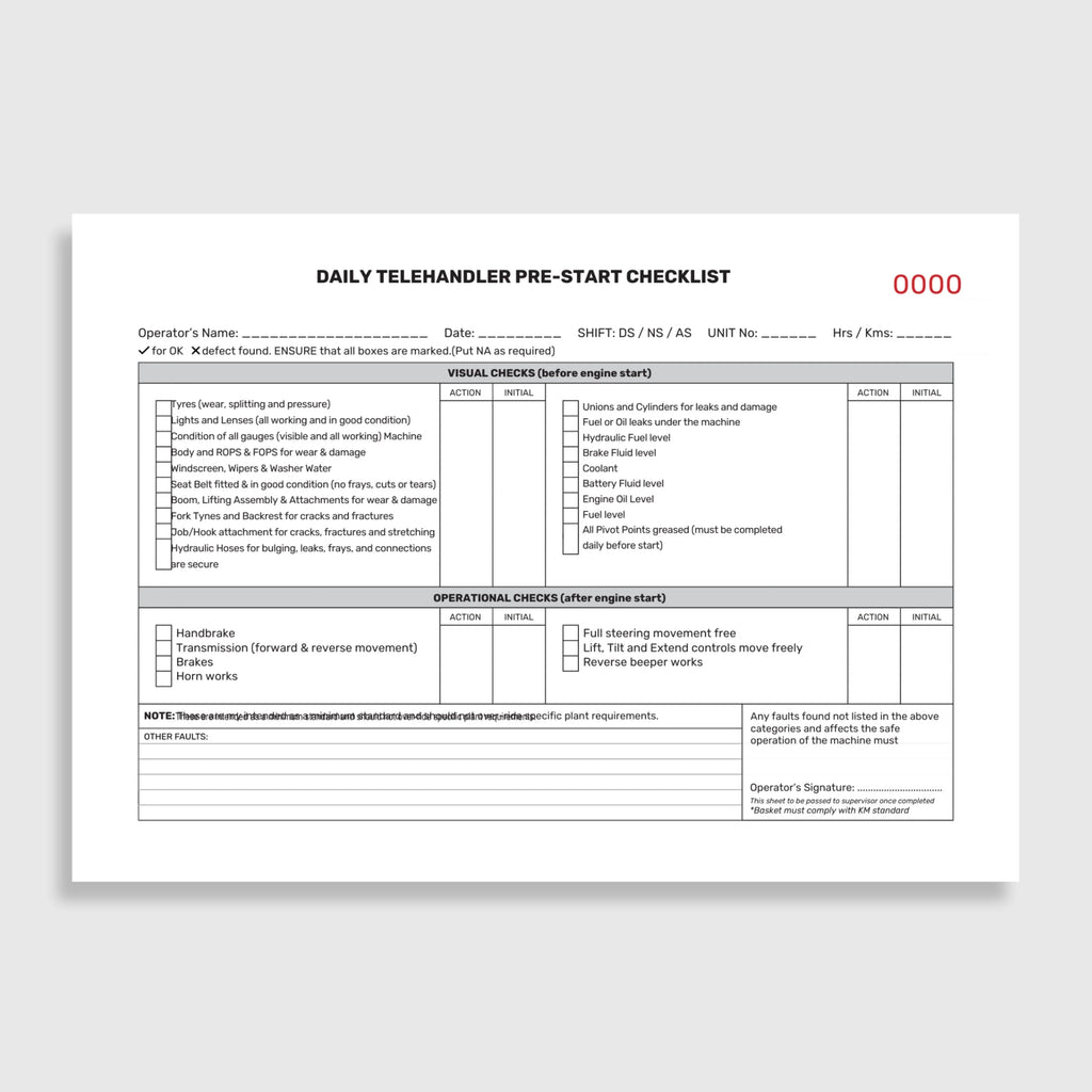 Layflat view of BSB 059 Telehandler Pre Start Checklist displaying open inspection pages, duplicate copy system, and writing shield positioned over forms.