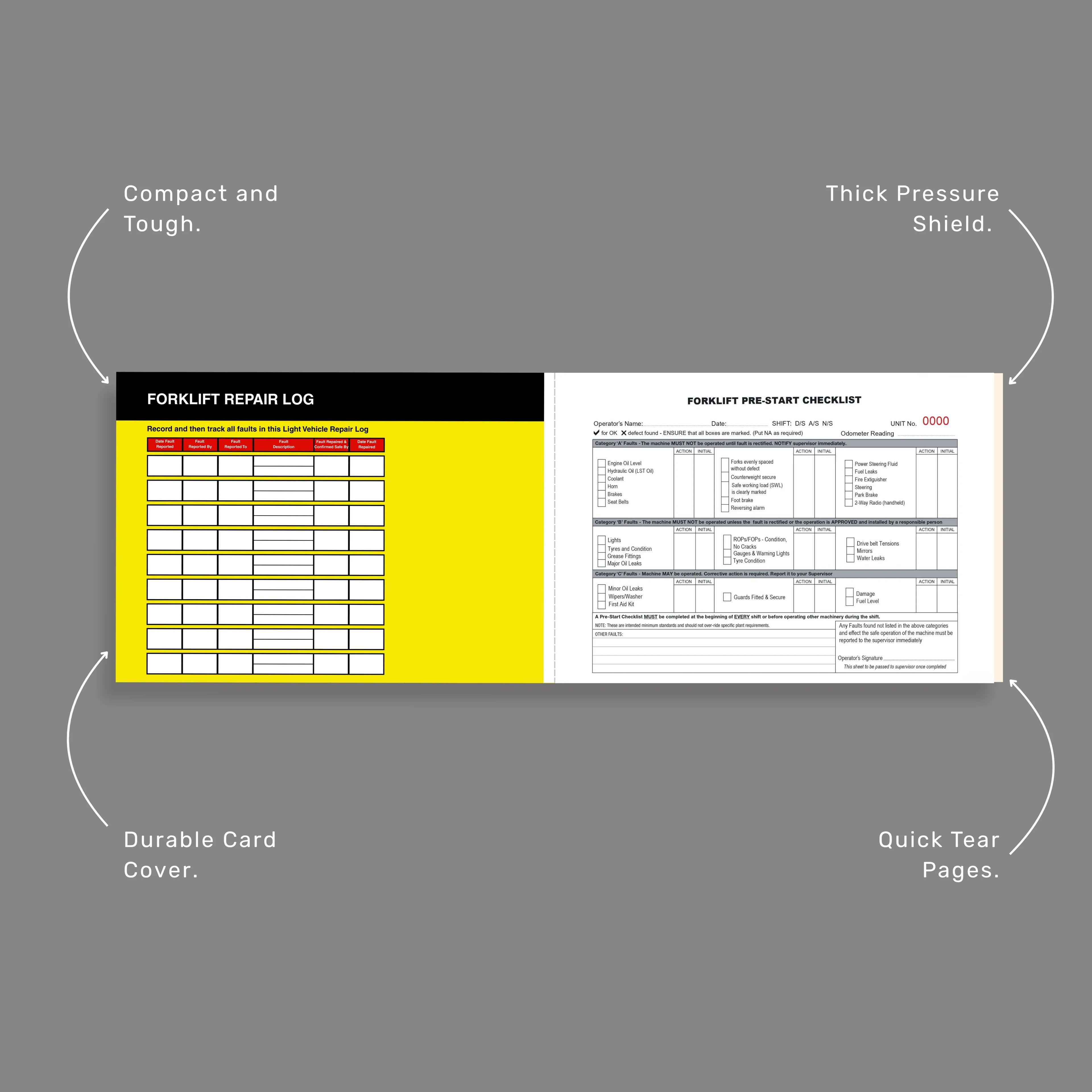 Forklift Pre-Start Checklist benefits callout highlighting 50 duplicate sets, writing shield and forklift safety inspection features