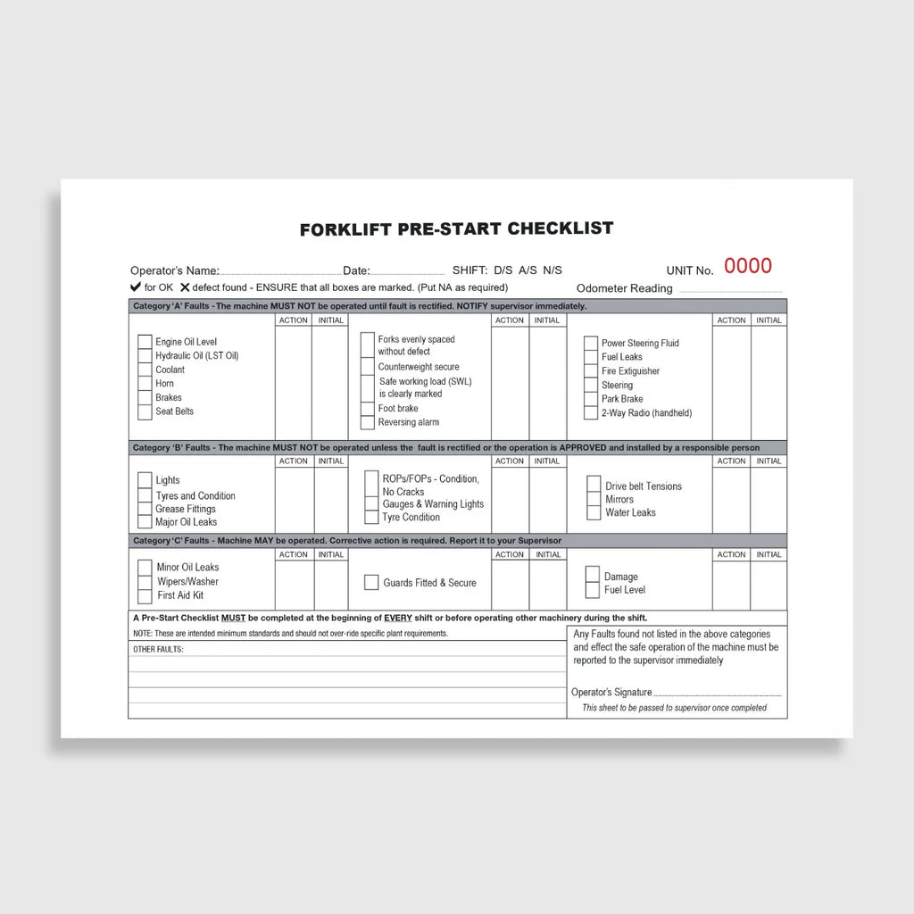 BSB 060 Forklift Pre-Start Checklist opened flat showing duplicate sets with inspection fields for mast, forks, hydraulics, brakes and steering systems at 148 x 210 mm size