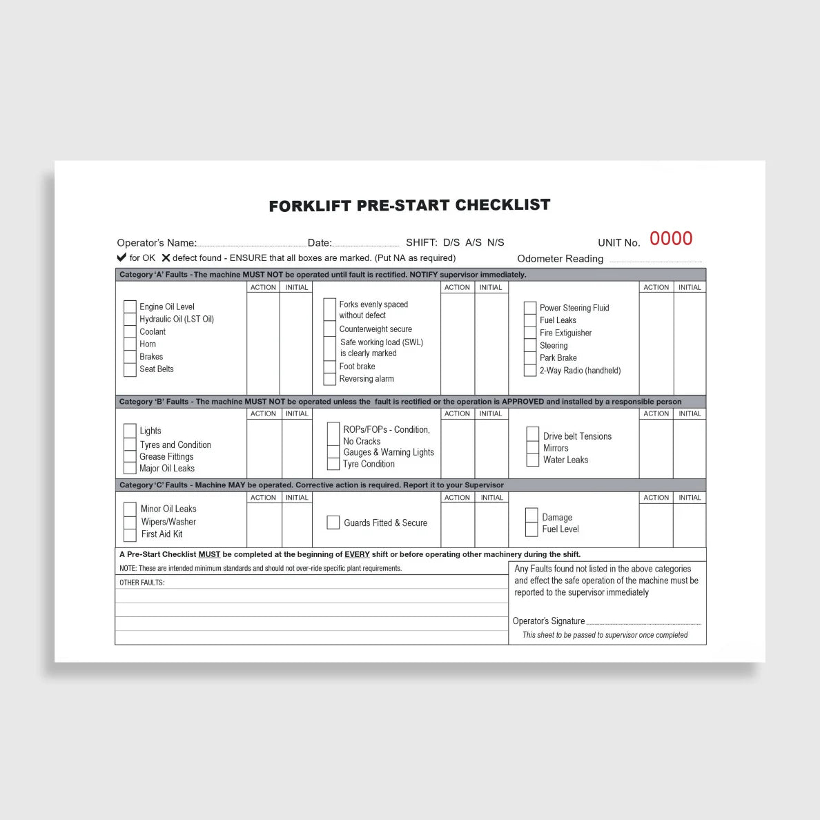 BSB 060 Forklift Pre-Start Checklist opened flat showing duplicate sets with inspection fields for mast, forks, hydraulics, brakes and steering systems at 148 x 210 mm size