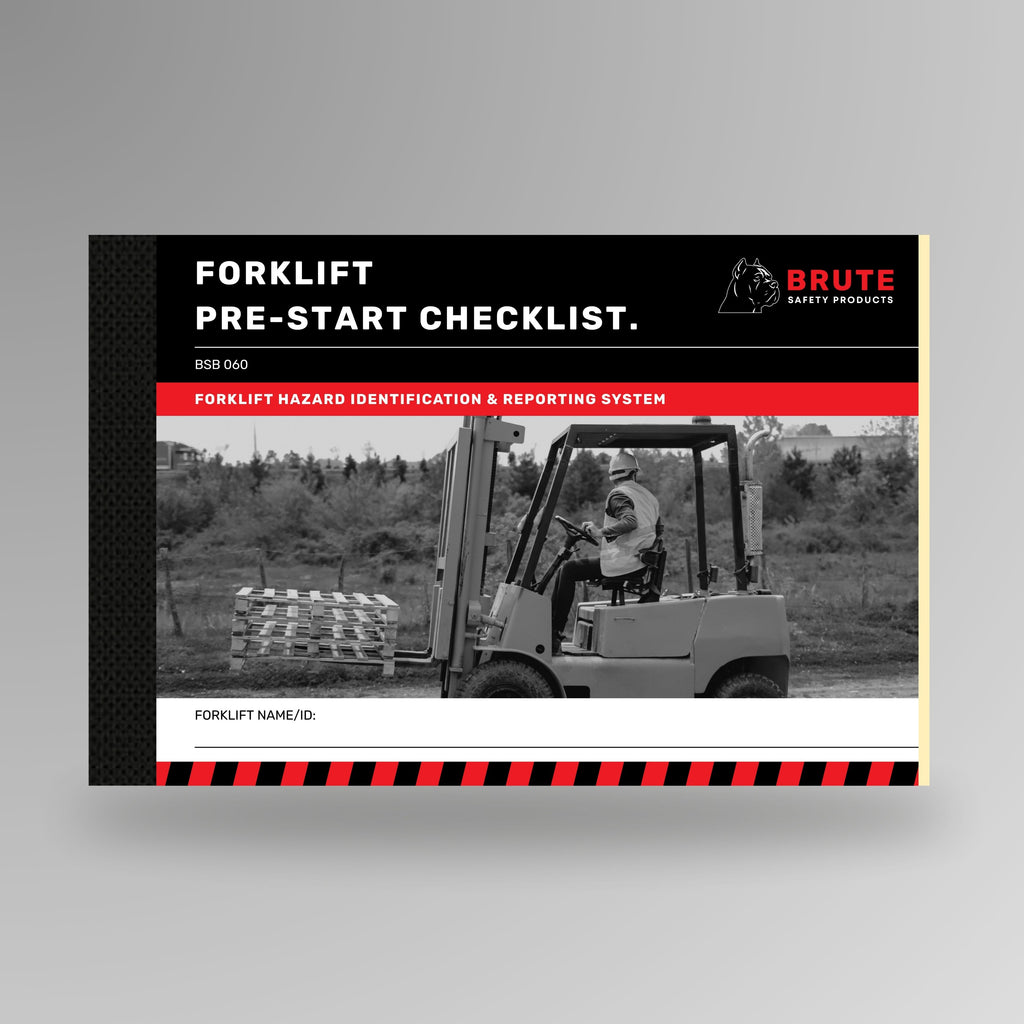 Upright view of BSB 060 Forklift Pre Start Checklist book showing cover with product title and taped spine edge.