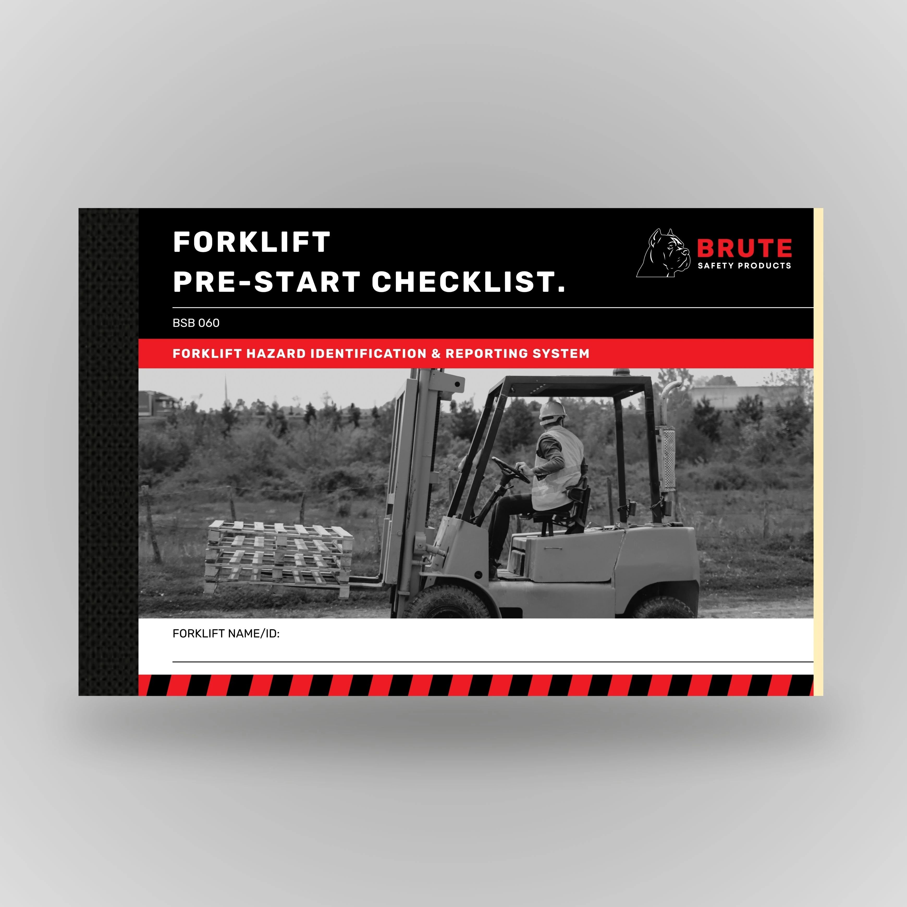 BSB 060 Forklift Pre-Start Checklist book shown upright in blue with Brute Safety Products branding on cover