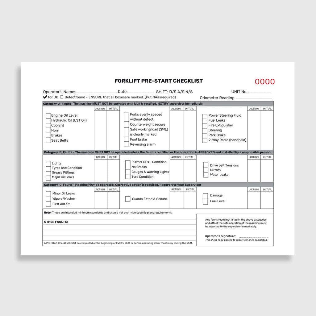 Layflat view of BSB 060 Forklift Pre Start Checklist revealing inspection form fields, duplicate copy beneath, and protective writing shield in use.